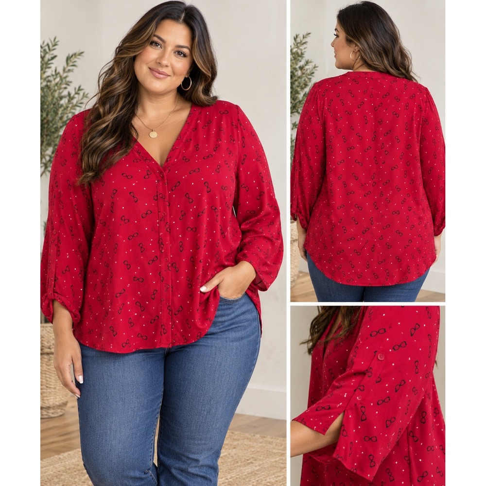 Catherines Tunic Top Blouse Women 4X Red Eyeglasses Polka Dot Teacher Novelty